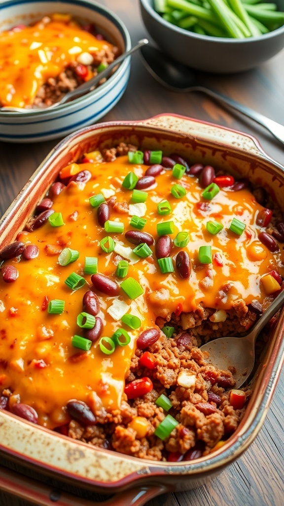 A hearty 7-layer casserole with ground beef, beans, and cheese, garnished with green onions, on a rustic table.